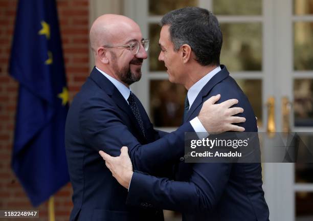 Spanish acting Prime Minister Pedro Sanchez welcomes President-elect of the European Council Charles Michel prior to their meeting at the Palace of...