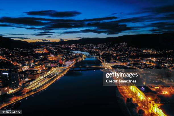 aerial image - drammen city (norway) at sunset. - drammen stockfoto's en -beelden