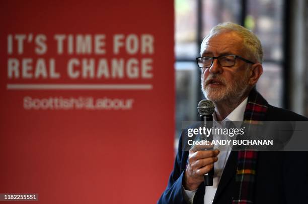 Britain's main opposition Labour Party leader Jeremy Corbyn speaks during his election campaign visit to the National Mining Museum in...