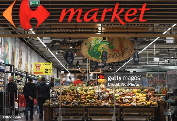 View of a busy Carrefour Market shop seen in Krakow-Kazimierz area. On Tuesday, November 12 in Krakow, Lesser Poland Voivodeship, Poland.