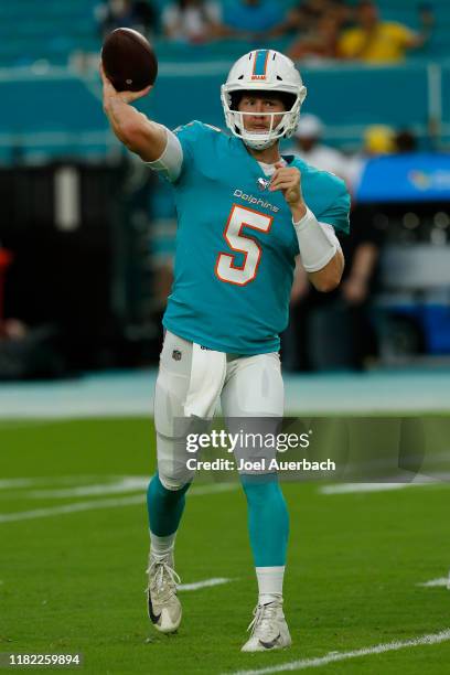 Jake Rudock of the Miami Dolphins throws the ball prior to the preseason NFL game against the Jacksonville Jaguars on August 22, 2019 at Hard Rock...