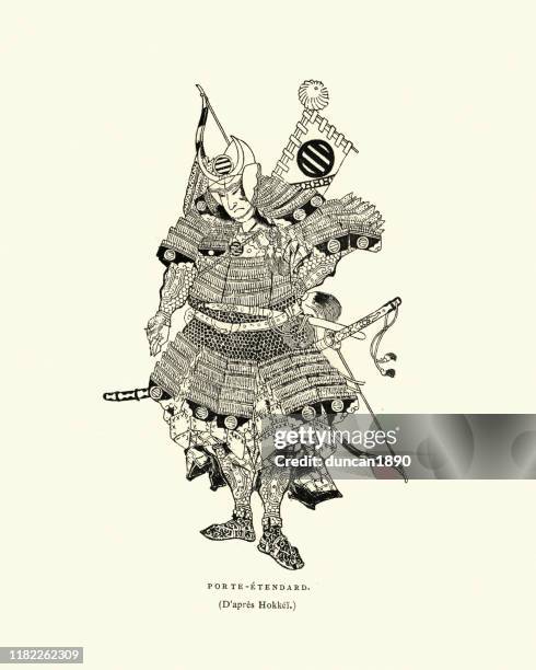 japanischer samurai-krieger voll bewaffnet und für den krieg gepanzert - japanischer abstammung stock-grafiken, -clipart, -cartoons und -symbole