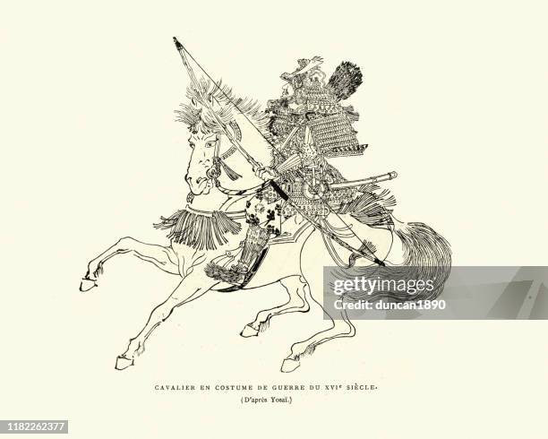 samurai cavalry carrying a bow, mounted archer, 16th century - japanese long bow stock illustrations