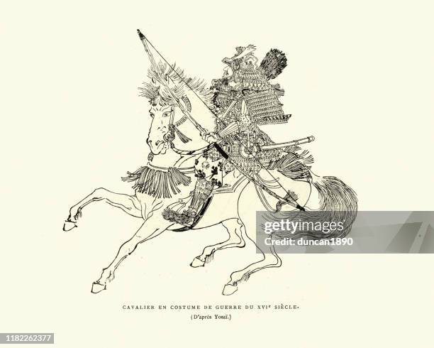 samurai cavalry carrying a bow, mounted archer, 16th century - samurai stock illustrations