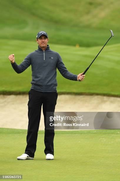 Nicolas Colsaerts of Belgium celebrates on the 18th green during Day 4 of the Open de France at Le Golf National on October 20, 2019 in Paris, France.