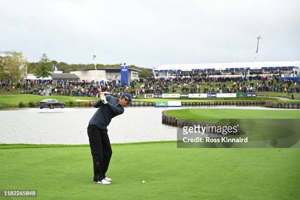 Nicolas Colsaerts of Belgium plays his second shot on 18 during Day 4 of the Open de France at Le Golf National on October 20, 2019 in Paris, France.