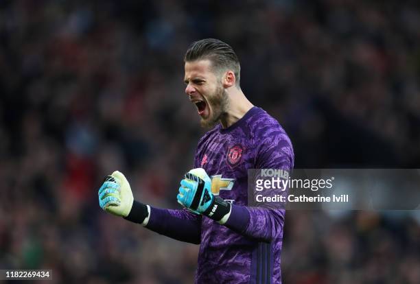 David De Gea of Manchester United celebrates his sides first goal scored by Marcus Rashford of Manchester United during the Premier League match...
