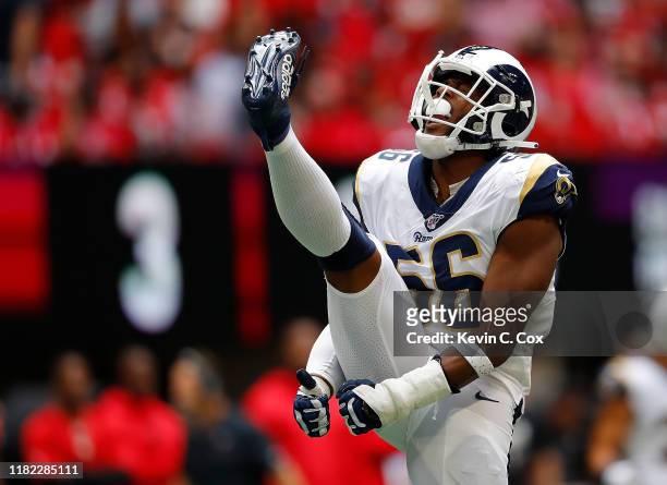 Dante Fowler Jr. #56 of the Los Angeles Rams reacts after sacking Matt Ryan of the Atlanta Falcons in the first half at Mercedes-Benz Stadium on...