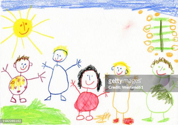 children¥s drawing, happy family - stick figure stock-grafiken, -clipart, -cartoons und -symbole