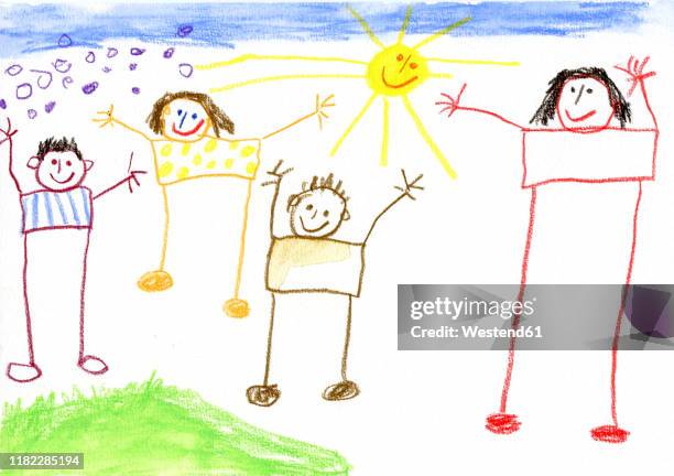 children¥s drawing, happy family - family drawing 幅插畫檔、美工圖案、卡通及圖標