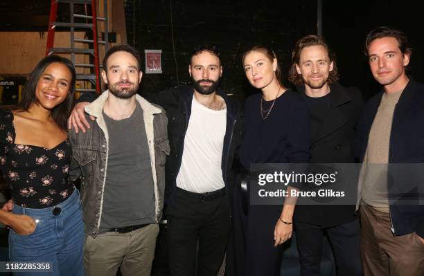 Zawe Ashton, Charlie Cox, Eddie Arnold, Maria Sharapova, Tom Hiddleston and Alexander Gilkes pose backstage at the hit play "Betrayal" on Broadway at...