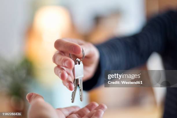 close-up of hand over of house key in new home - house keys stock-fotos und bilder