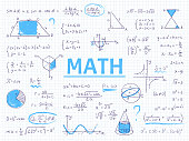 Doodle math. Algebra and geometry school equation and graphs, hand drawn physics science formulas. Vector education sketch