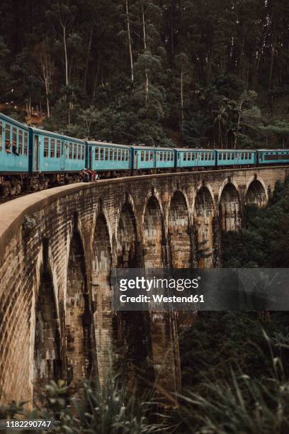 train moving on arch bridge against forest at sri lanka - sri lanka train stock pictures, royalty-free photos & images