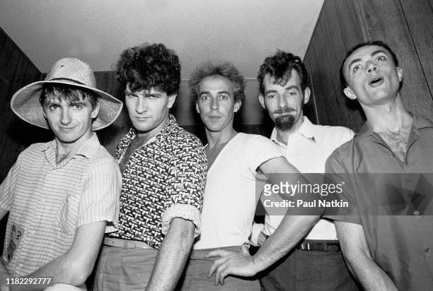 Portrait of the members of New Zealand-based New Wave group Split Enz as they pose at the Memphis in May nightclub, Memphis, Tennessee, May 31, 1981....