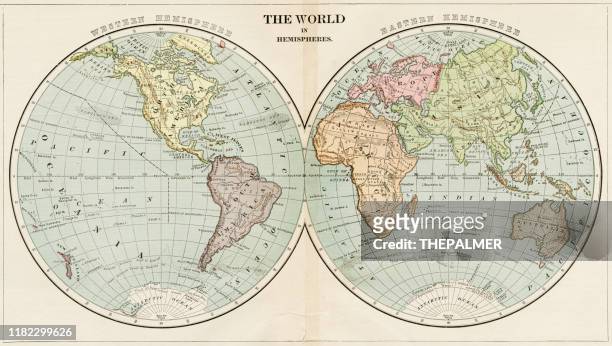ilustrações, clipart, desenhos animados e ícones de mapa do mundo em hemisférios 1899 - vintage world map