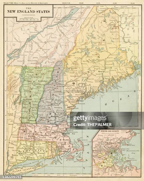 map of new england states 1899 - maine stock illustrations