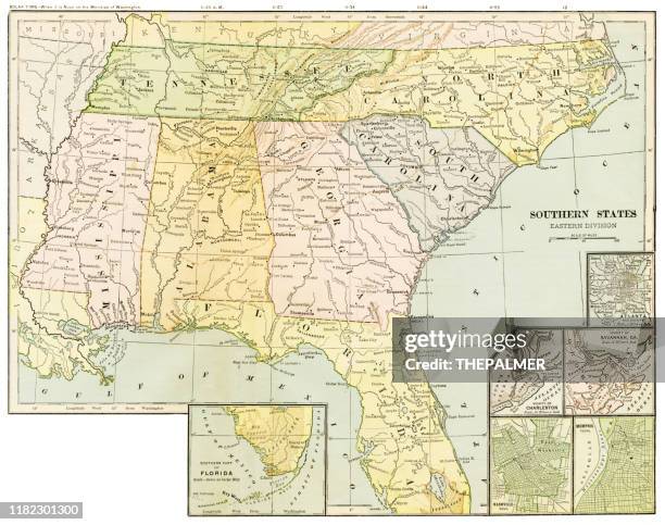 map of the southern states 1899 - georgia alabama stock illustrations