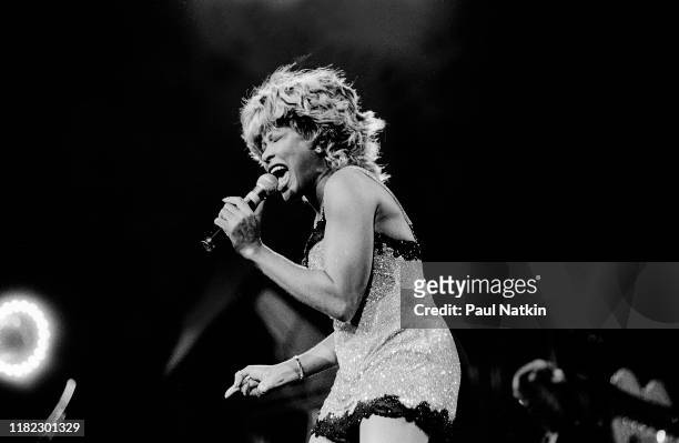 American R&B and Pop singer Tina Turner performs onstage at the World Music Theater, Tinley Park, Illinois, June 28, 1997.