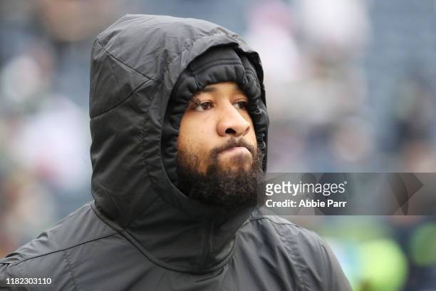 Free safety Earl Thomas of the Baltimore Ravens warms up prior to their game against the the Seattle Seahawks at CenturyLink Field on October 20,...