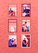 Human Life Concept. Outer Wall of House with Different People and Cat at Windows. Happy Men and Women Look Out of Apartments Drink Tea, Hugging, Watering Plant, Read. Cartoon Flat Vector Illustration