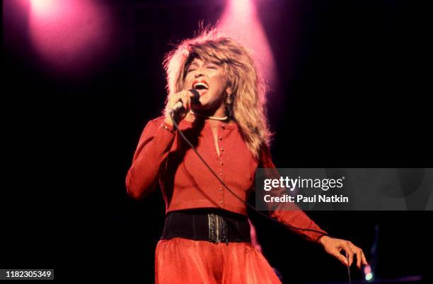 American R&B and Pop singer Tina Turner performs onstage at the Poplar Creek Music Theater, Hoffman Estates, Illinois, September 12, 1987.