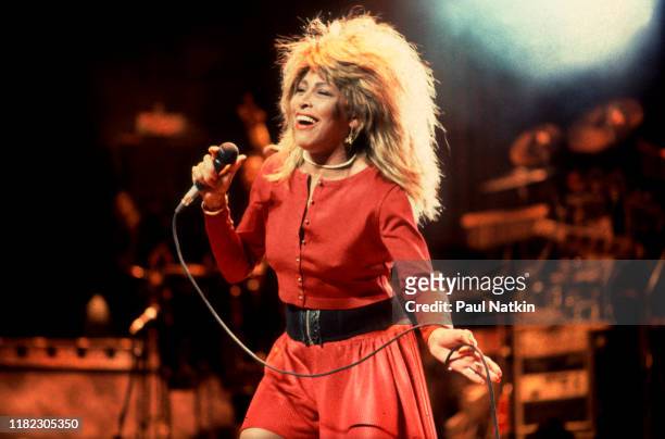 American R&B and Pop singer Tina Turner performs onstage at the Poplar Creek Music Theater, Hoffman Estates, Illinois, September 12, 1987.