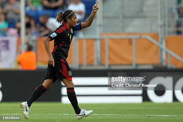 Maribel Dominguez of Mexico celebrates the second goal during the FIFA Women's World Cup 2011 Group B match between New Zealand and Mexico at...