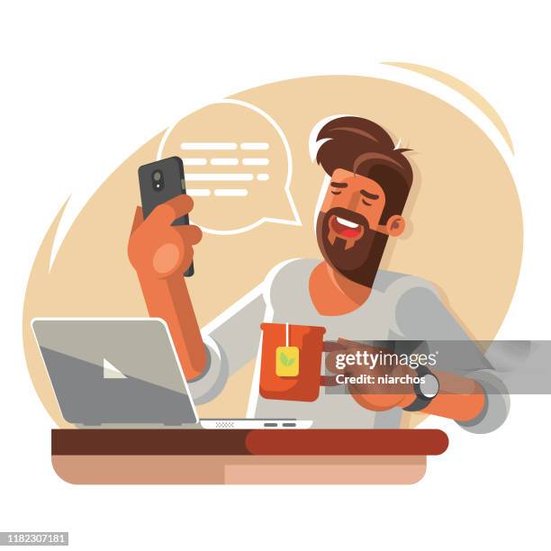 hipster making a video call - bluetooth stock illustrations