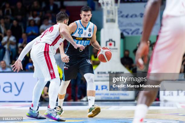 Vojislav Stojanovic of Vanoli in action during the LBA LegaBasket of Serie A match between Vanoli Cremona and AX Armani Exchange Olimpia Milan at...