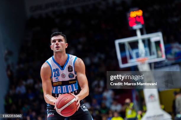 Vojislav Stojanovic of Vanoli takes a free throw shot during the LBA LegaBasket of Serie A match between Vanoli Cremona and AX Armani Exchange...