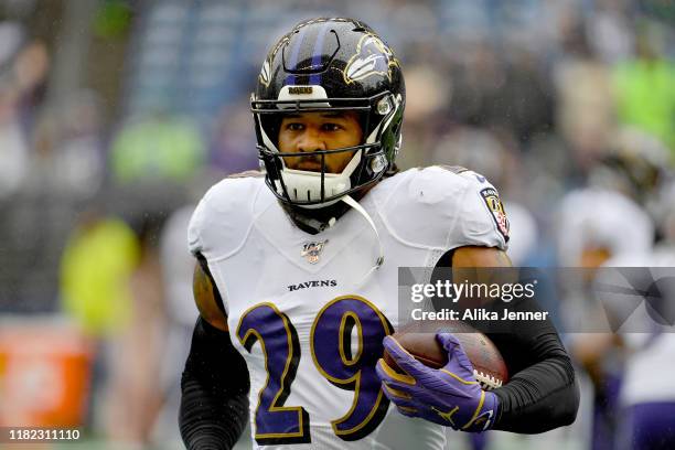 Earl Thomas of the Baltimore Ravens warms-up before the game against the Seattle Seahawks at CenturyLink Field on October 20, 2019 in Seattle,...