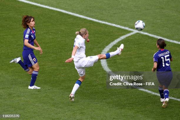 Ellen White of England scores during the FIFA Women's World Cup Group B match between England and Japan at FIFA World Cup stadium Augsburg on July 5,...