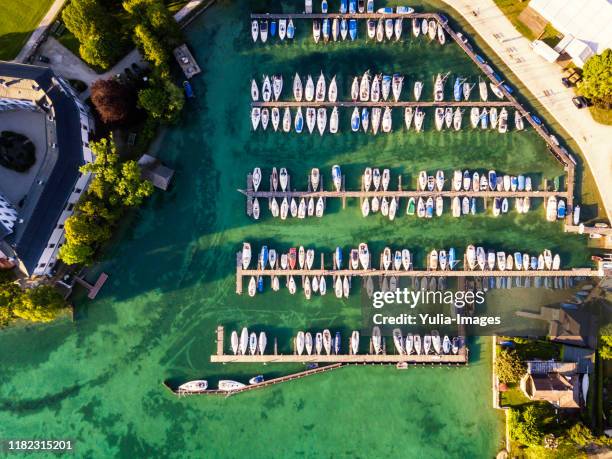 aerial view of boats moored in a marina - attersee stock pictures, royalty-free photos & images