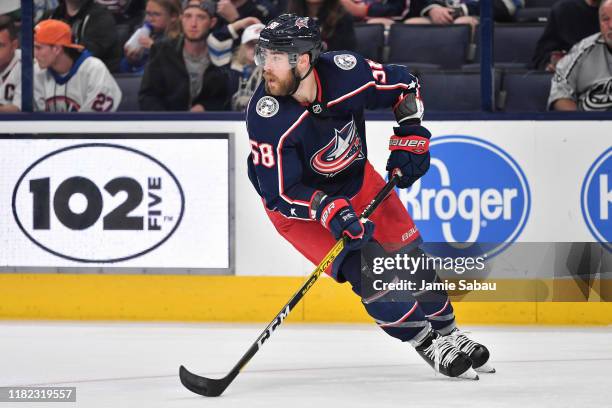 David Savard of the Columbus Blue Jackets skates against the New York Islanders on October 19, 2019 at Nationwide Arena in Columbus, Ohio.