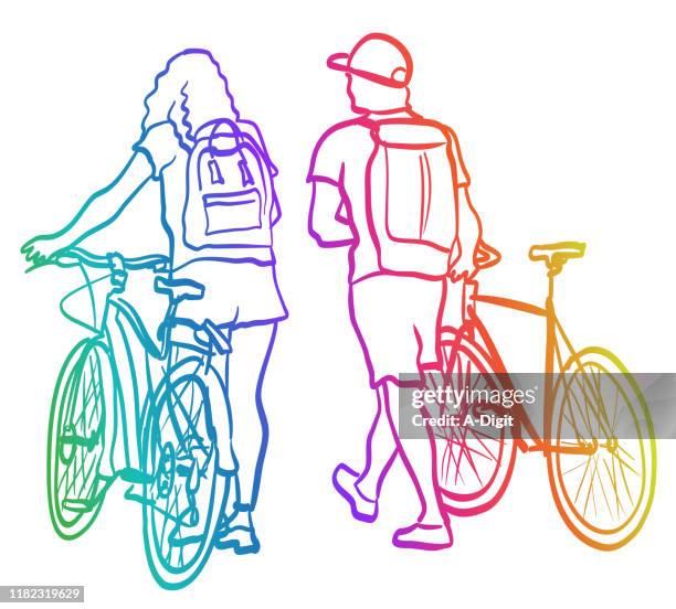 couple strolling along and walking their bicycles rainbow - teenagers only stock illustrations