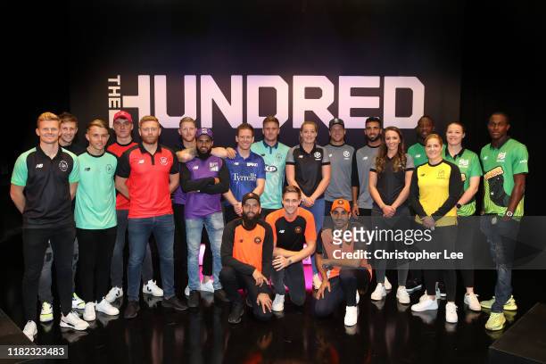 Players for the eight teams in The Hundred line up following The Hundred Draft, broadcast live from Sky Studios on October 20, 2019 in Isleworth,...