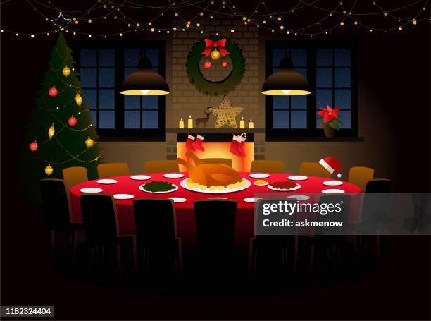 runder tisch mit weihnachtsessen - warmes abendessen stock-grafiken, -clipart, -cartoons und -symbole