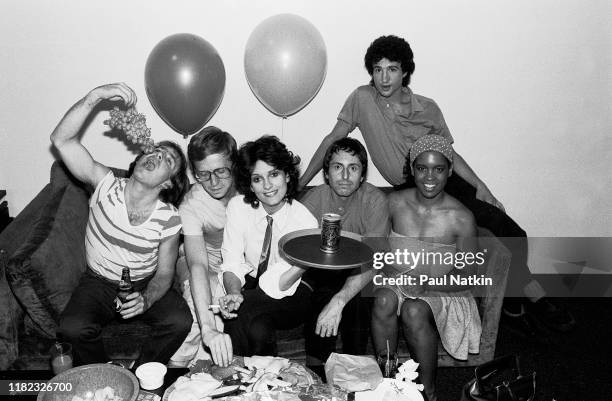 Portrait of the members of American New Wave group Waitresses as they poses backstage at the Park West, Chicago, Illinois, July 24, 1981. Pictured...