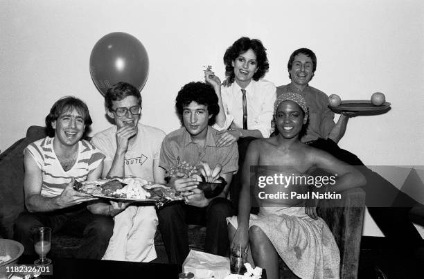 Portrait of the members of American New Wave group Waitresses as they poses backstage at the Park West, Chicago, Illinois, July 24, 1981. Pictured...