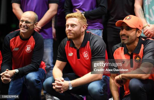 Gary Kirsten, Head Coach of Welsh Fire, Jonny Bairstow of Welsh Fire and Ravi Bopara of Birmingham Phoenix look on as players for the eight teams in...