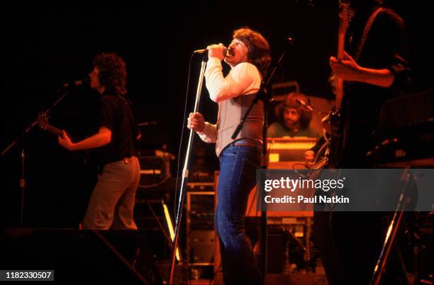 American Rock and Pop singer Bobby Kimball, of the group Toto, performs onstage at the Park West, Chicago, Illinois, August 2, 1985. Also visible is...