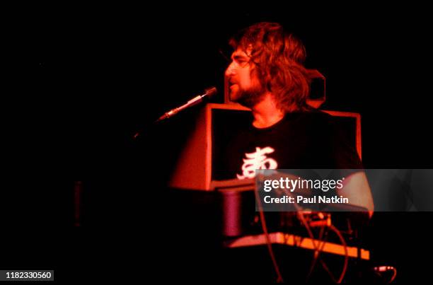 American Rock and Pop musician Steve Porcaro, of the group Toto, plays keyboards as he performs onstage at the Park West, Chicago, Illinois, August...