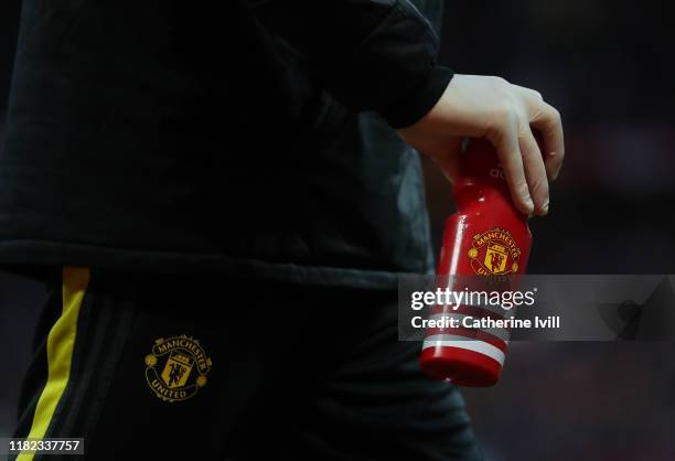 Detail view of a Manchester United water bottle with the club badge on during the Premier League match between Manchester United and Liverpool FC at...