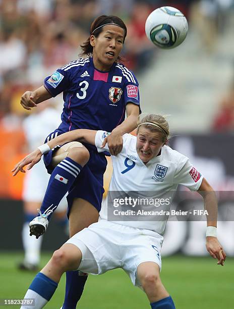Ellen White of England fights for the ball with Saki Kumaga of Japan during the FIFA Women's World Cup 2011 group B match between England and Japan...