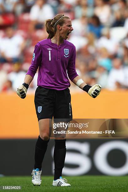 Goalkeeper Karen Bardsley of England celebrates her team's second goal to the FIFA Women's World Cup Group B match between England and Japan at FIFA...