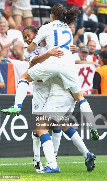 Rachel Yankey of England celebrates her first goal together with teammate Karen Carney during the FIFA Women's World Cup 2011 group B match between...