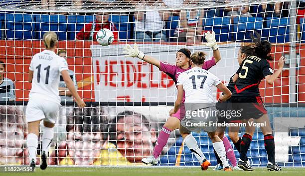 Hannah Wilkinson of New Zealand scores her team's second goal during the FIFA Women's World Cup 2011 Group B match between New Zealand and Mexico at...