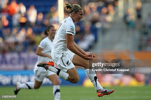 Hannah Wilkinson of New Zealand celebrates the scond goal during the FIFA Women's World Cup 2011 Group B match between New Zealand and Mexico at...