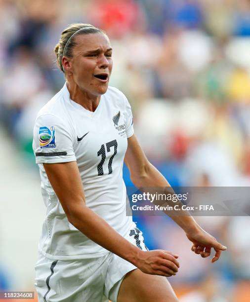 Hannah Wilkinson of New Zealand reacts after scoring the equalizing goal against Mexico during the FIFA Women's World Cup 2011 Group B match between...